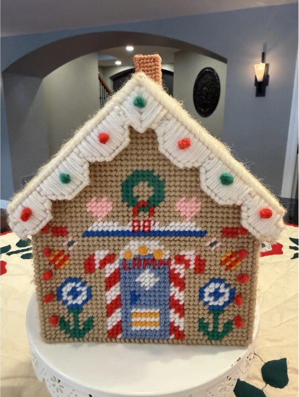 Vtg Handmade Needlepoint Canvas Gingerbread House & Set Of 2 Tissue Box Covers